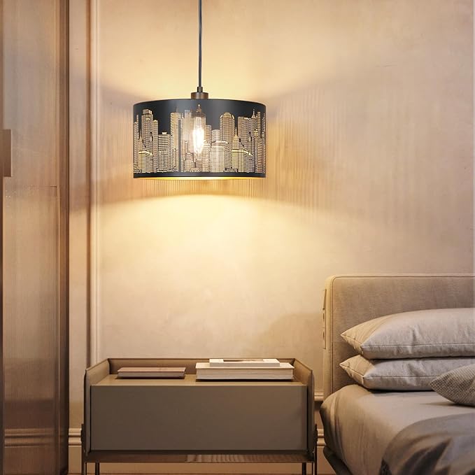 Plug in Pendant Light,Hollowed-Out City Hanging Lamp with 14Ft Plug in Cord, Rustic Farmhouse Pendant Lights for Kitchen Dining Room Bedroom Entryway, with 3-Way Dimmable Bulb (City)