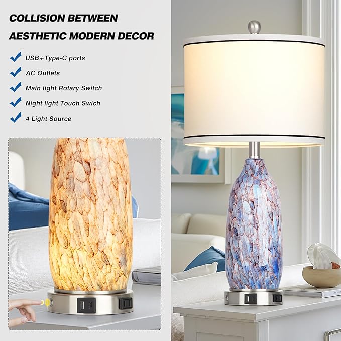 Coastal Lamps with USB A+C Ports & LED Night light, Unique Seashells Glass Table Lamps with Natural Fabric Shade, Modern Touch Control Beach Bedside Lamp for Living Room Bedroom Nightstand Navy Blue