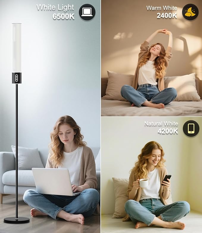 luckystyle RGBICW Floor Lamp, 1500Lumen Smart Floor Lamps with Music Sync and 16 Million DIY Colors,Dimmable Modern Floor Lamps with Remote and Bluetooth APP Control LED Lamp for Bedroom Living Room