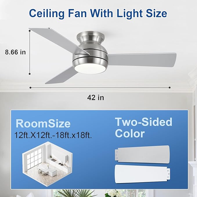 42 Inch Ceiling Fans with Lights and Remote, Brushed Nickel Low Profile Ceiling Fan with Light, Flush Mount, Reversible, 6 Speeds, 3CCT Dimmable, Bedroom Indoor/Outdoor Patios Use