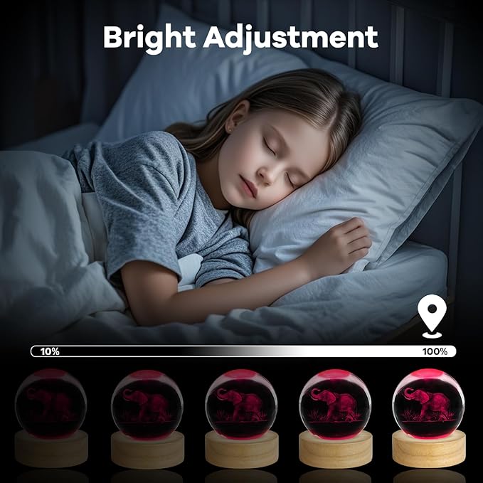3D Elephant Engraved Crystal Ball Night Light 2.4in Figurines Decor Table Lamp With 16 Colors Change Remote Control for Birthday Christmas Gifts for Women Friends Kids Teen