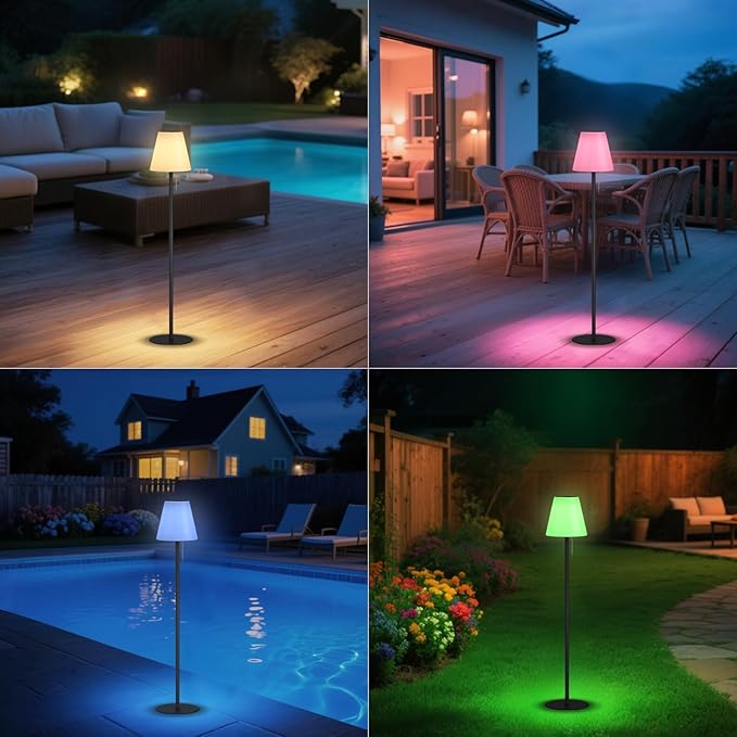 Solar Outdoor Floor Lamp USB Rechargeable Cordless Dimmable RGB Warm White LED Lights for Yard Garden Patio