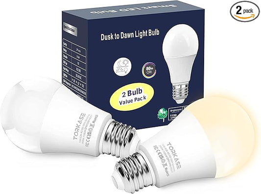 Torkase Outdoor Dusk to Dawn Light Bulbs, No Timer Required, 13W(100W Equivalent), 3000K Warm White, E26 A19 Automatic Sensor LED Bulb, Built-in Photocell Detector for Boundary Garage Patio, 2 Pack