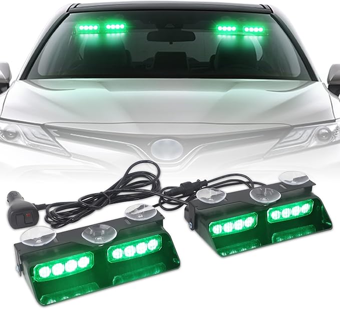 XRIDONSEN 2 in 1 Green Emergency Lights Dash Strobe Lights Interior Windshield Warning Safety Flashing Law Enforcement w/Suction Cups for Volunteer Police Vehicles, Trucks (2×7.16 inch, 16 LED)