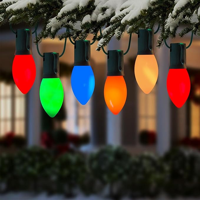 C9 Multicolor Vintage Christmas Lights, 25Ft with 25 Multicolor Ceramic Bulbs, Outdoor Christmas Lights for Patio, Roofline, Wedding, Party Decorations