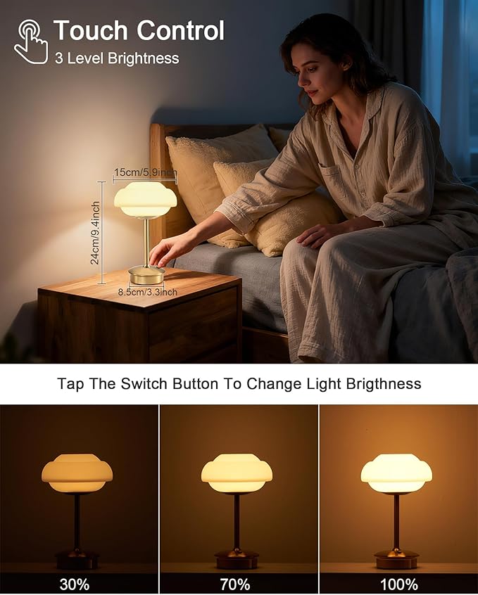 9" Mini Cordless Table Lamp with Cloud-Shaped, Small Rechargeable Battery Operated Lamps, 3-Way Touch Dimmer, Portable Brass Bedside Night Light for Restaurant Dining Kitchen Bathroom Patio Side Table