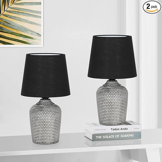 Sucolite 11.8'' Small Table Lamps Set of 2, Bedside Nightstand Lamps for Bedroom Kid’s Room, Cute Desk Lamps with Studded Texture Base for Reading Nursery Living Room Office, Black