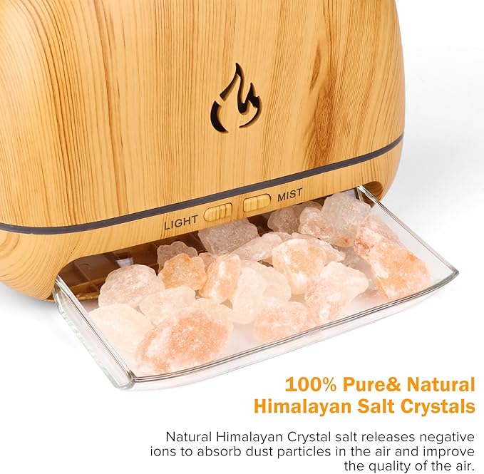 3-in-1 Ultrasonic Essential Oil Diffuser & Himalayan Salt Lamp Diffuser & 7 Colors Changing Oil Diffuser,100% Pure Himalayan Pink Salt Rock, Waterless Auto off-200ml (Wooden Grain)