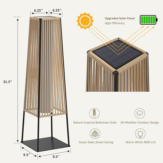 Outdoor Floor Lamp Set of 2, Rattan Solar Lanterns Outdoor Waterproof for Balcony, Deck, Garden & Patio (Natural)