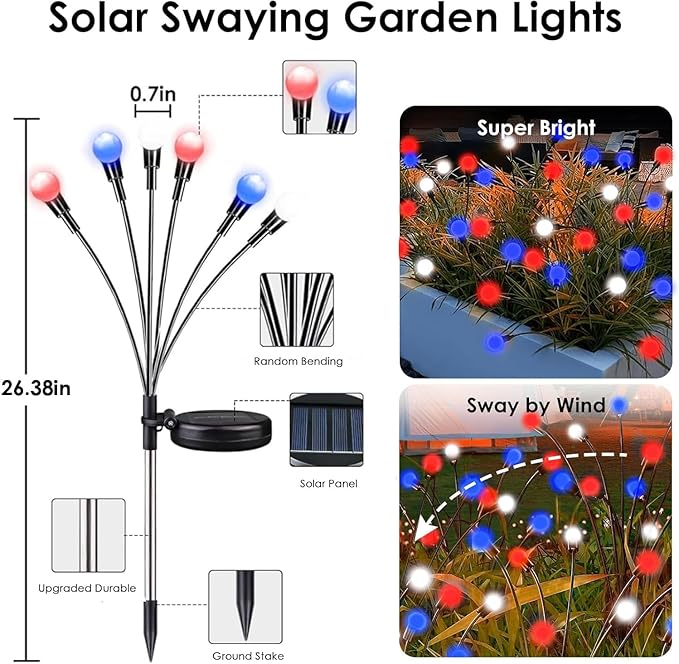 4th of July Decorations Outdoor, 8 Pack Red White and Blue Solar Garden Lights 48 LED, Solar Firefly Lights Outdoor Waterproof Patriotic Light for Independence Day,National Day Garden Yard Decoration