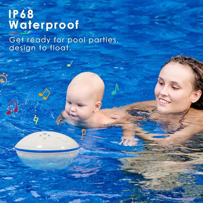 Blufree Floating Pool Speaker w/Colorful Lights, Portable Wireless Pool Speaker Bluetooth Waterproof IP68, Built-in Mic & Crystal Clear Sound Floating Hot Tub Speakers for Pools Party Outdoor (White)
