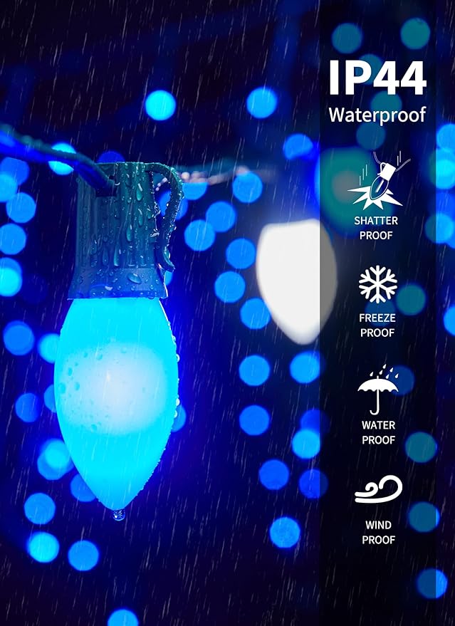 Vintage C9 LED Christmas Lights Outdoor, 100 Feet C9 String Lights with 50 Shatterproof C9 Bulbs, Waterproof Connectable Christmas Tree Lights for Outside Roofline Patio Xmas Decor, Blue & Pure White