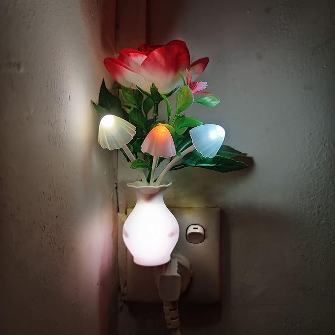 AUSAYE 2 Pack Sensor LED Night Light Plug-in Nightlight, Color Changing Mushroom Light Rose Flower Night Lights for Kids Adults Bedroom, Bathroom, Nursery, Kitchen, Basement