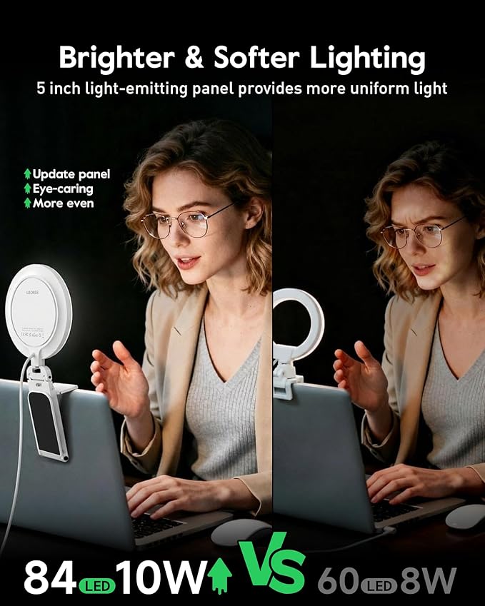 Ring Light for Computer/Laptop/Webcam/Monitor, 5" Eye-Caring Lighting with 50 Modes CRI>97.8, 3000K-6500K Zoom Lighting for Video Conference/Video Recording/Streaming/Selfie
