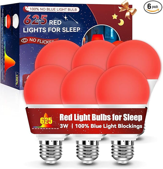 Neporal 625nm Red Light Bulbs for Sleep 3W, 100% Blue Light Blocking Light Bulbs for Melatonin Promoting, A19 LED 40W Equivalent Dim Red Night Light Bulb for Baby Nursery, Sleeping, Reading, 6-Pack