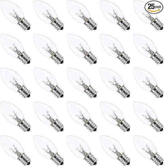 25 Pack C9 Replacement Bulbs Christmas Lights Outdoor, C9 Clear String Lights Repalcement Bulbs Fits in C9/E17 Base, 7W Vintage Christmas Light Bulbs for Indoor Outdoor Home Decorations
