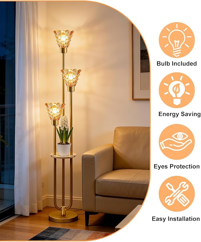 Glass Floor Lamp with Table, 62'' Gold Standing Tall Lamps with Brown Glass Shade, 3000K Warmwhite Mid Century Modern Floor Lamp for Living Room/Bedroom/Sofa Beside/Home Corner