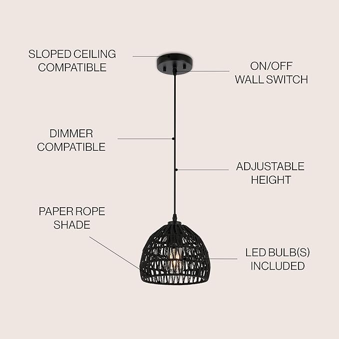 JONATHAN Y 8.25" Black Modern Bohemian Woven Rope LED Pendant Light Fixture, Adjustable Dome Ceiling Lamp for Kitchen Island, Rope Shade, Coastal Farmhouse Decor (JYL6512B)