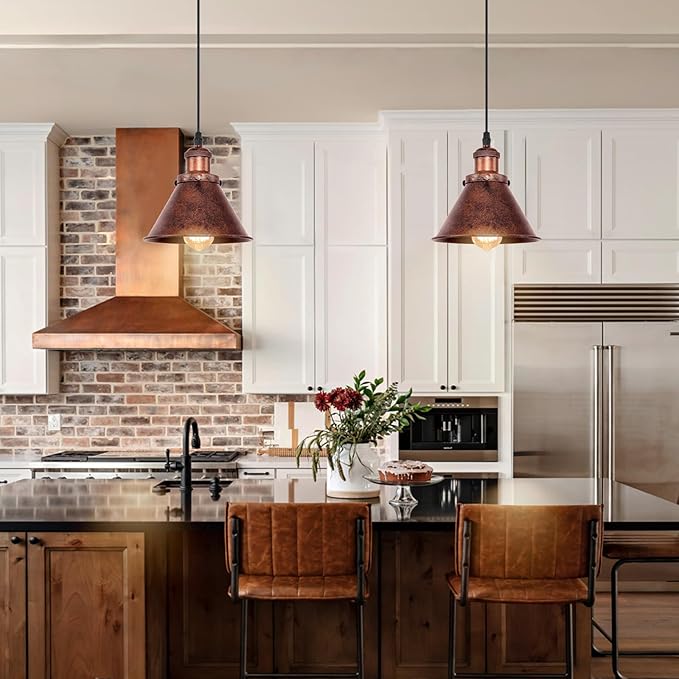 2Pcs Farmhouse Pendant Light Rustic Cone Shade Mounted Fixture Hanging Ceiling Lamp Antique Painted Finish Small Size Light