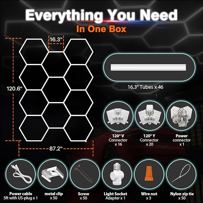 Hexagon Garage Lights : 3 Level Dimmable 322W Tube 11 Grids Hexagon LED Lights - Easy Install 6500K Super Bright Hex Lights for Garage, Home Gym, Shop, Workshop, Basement, Studio