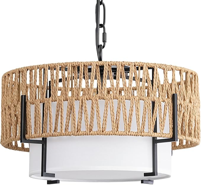 Rattan Pendant Light, 12.6" Boho Chandelier with Fabric Shade, Farmhouse Hanging Light Fixture Chandelier for Dining Room, Living Room, Bedroom, Kitchen Island, Foyer, Hallway