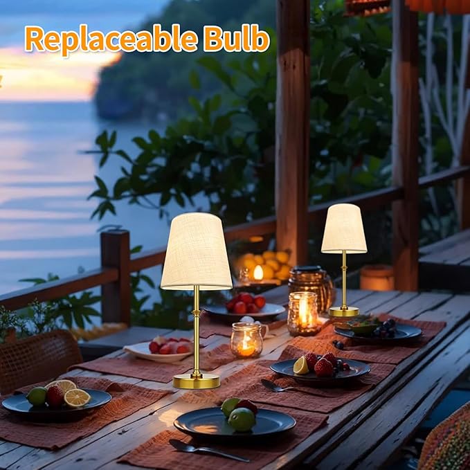BLUEYE Cordless Table Lamps,Remote Control,5200mAh,No Flicker,2700K-6000K,Rechargeable Bulb,50W Equivalent,Retro Style,Fabric Shade,Battery Operated Ambient Light for Bedside,Hallway,Restaurant,Gold