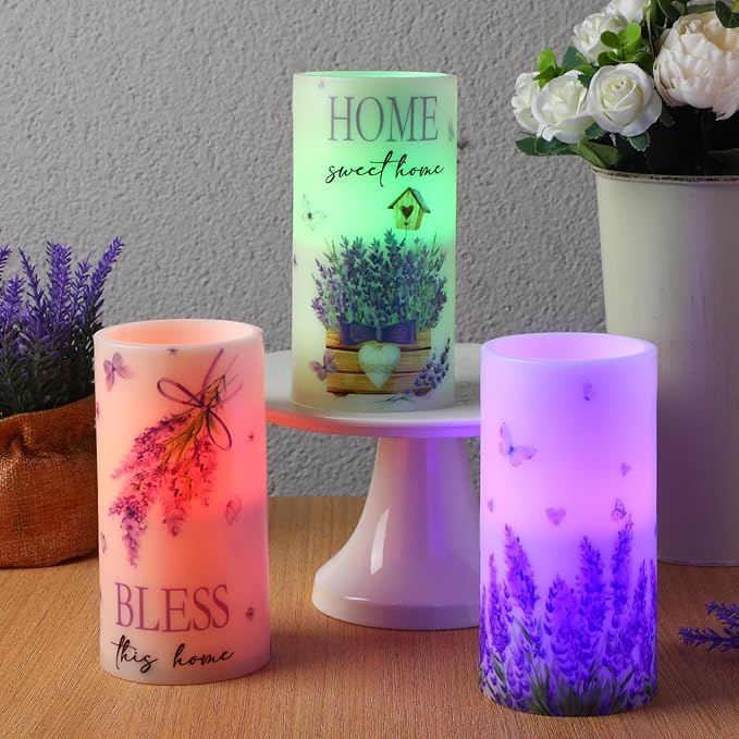 3 Pcs Purple Lavender Flameless Candles with Remote Color Changing Battery Operated LED Pillar Bless This Home Candles for Spring Lavender Easter Living Room Farmhouse Kitchen Decor