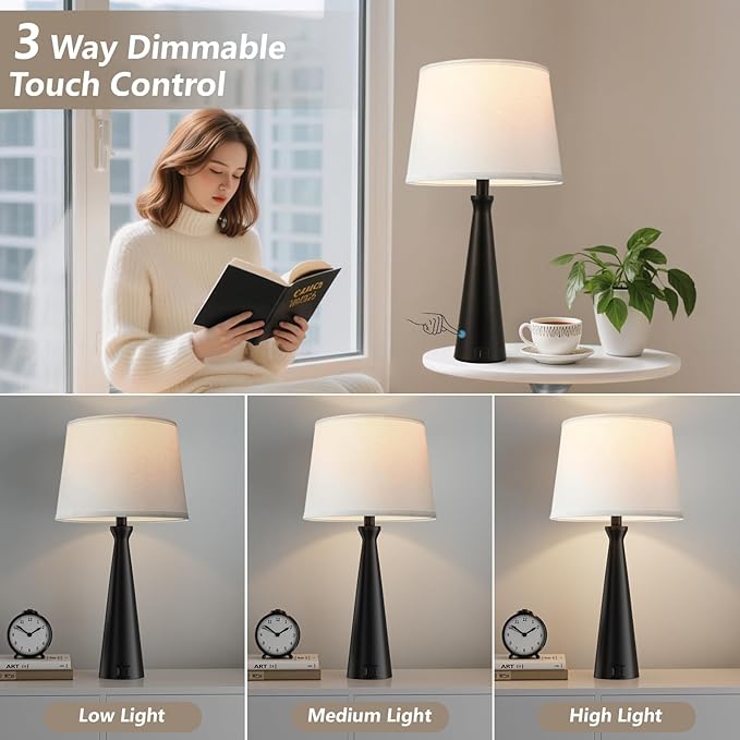 Seealle Single Modern Table Lamp - Touch Bedside Lamp for Nightstand with USB C+A,3-Way Dimmable Black Nightstand Lamp for Living Room Bedroom End Table(Bulb Included)