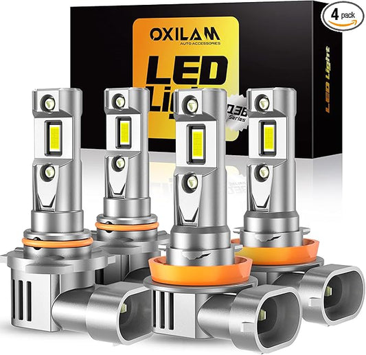 OXILAM H11 9005 Light Bulbs Combo, 70000lm 900% Brighter 6500K Cool White Light, H11-H9-H8 9005-HB3 Fog Light DRL Halogen Replacement 1:1 Size, Wireless Design, IP68 Waterproof, Pack of 4