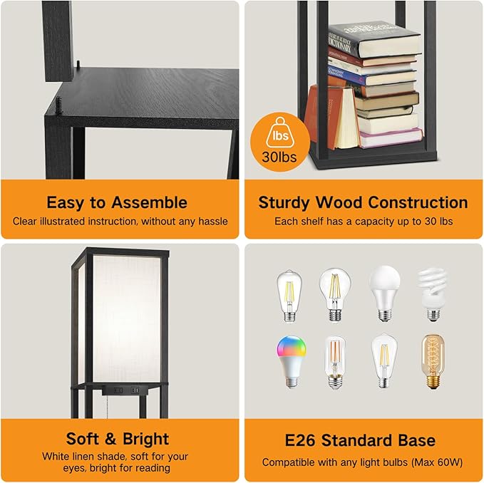 OUTON Floor Lamp with Shelves, LED Dimmable Floor Lamp with Remote & App Control, Charging Station, Color Changing, Wood Column Tall Standing Lamp for Living Room, Bedroom Office, RGB