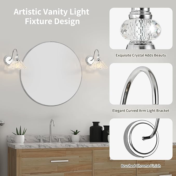 1 Piece Chrome Wall Sconce with Floral Clear Glass Shade, Modern Wall Mount Lighting for Bathroom,Modern Bathroom Vanity Light Fixture