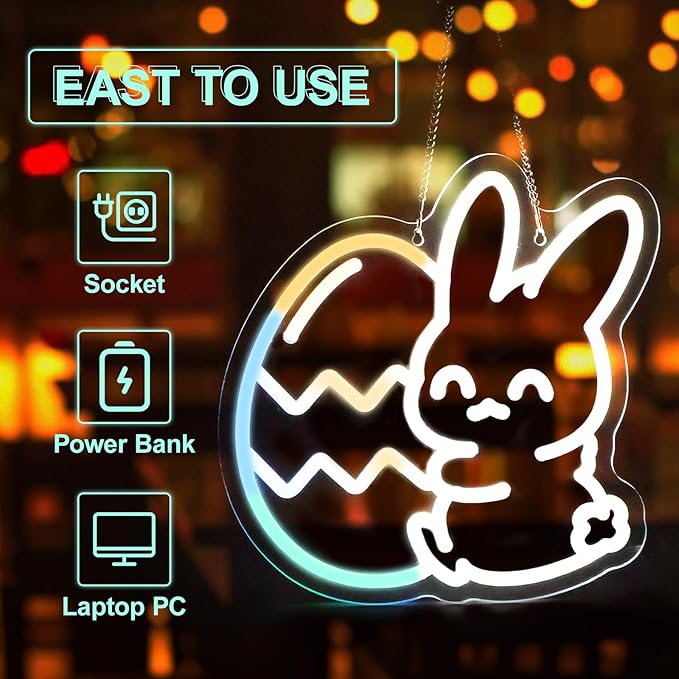 Easter Neon Lights, Bunny and Egg lights, Multicolor Lights with Dynamic Effect Neon Sign, Remote Control Sign USB Powered, Home Decorations Indoor for Party Wall Window Table Easter Decor