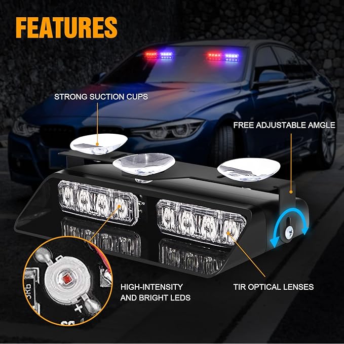 XRIDONSEN 2 in1 Dash Emergency Strobe Lights Interior Windshield Red Blue Warning Safety Flashing Police Lights Law Enforcement w/Suction Cups for Volunteer Vehicles, Trucks (2×7.16 inch, 16 LED)