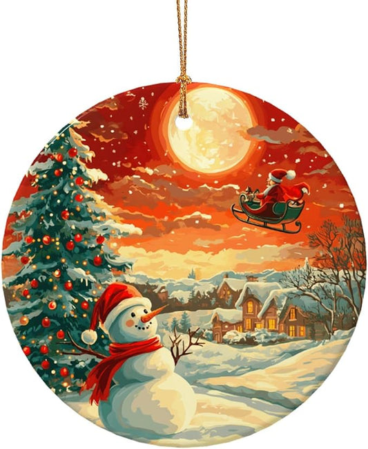 Merry Christmas Snow Scene Santa Claus Christmas Ornaments, Christmas Decorations Xmas Tree Hanging Ornaments, Round Ceramic Festive Keepsake Gift for Xmas Decorations Holiday Home Decor