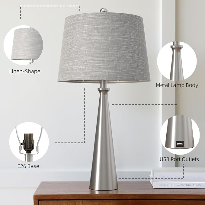 Oneach 25.75" Table Lamps for Living Room Bedroom, Bedside Lamp 3-Way Dimmable Touch Control, Modern Silver Nightstand Light Fabric Shade Vintage Accent Style