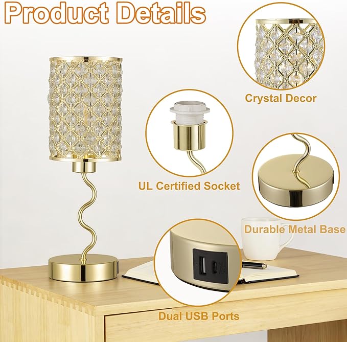 Crystal Table Lamp with 3 Way Dimmable Touch Control, Nightstand with USB A+C Ports, Modern Bedside Touch Lamp for Bedroom, Living Room, Office Reading, Gold