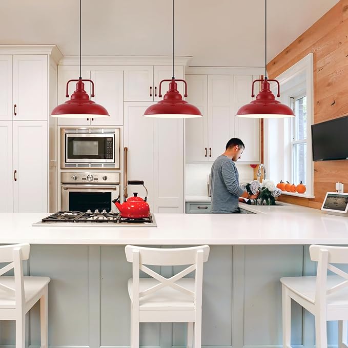 Red Farmhouse Pendant Lights 3 Packs, Metal Pendant Lights Kitchen Island, Industrial Pendant Light, Hanging Island Pendant Light, Barn Light for Kitchen, Living Room, Bedroom, Hallway