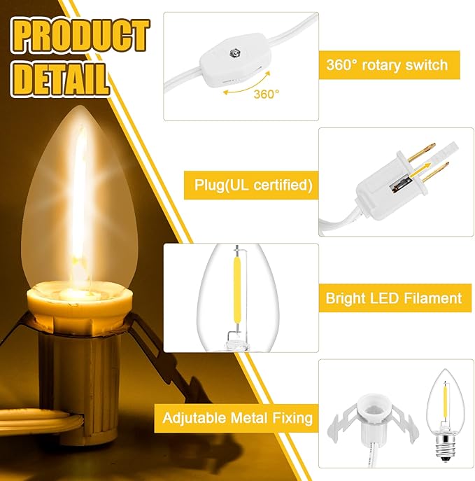 2Pack Accessory Cord with 12 LED Light Bulbs Christmas Village String Light 10.3FT White Cord with Spare Fuse Warm White C7 Lamp for Halloween Pumpkins Christmas Village Houses and Craft Decoration