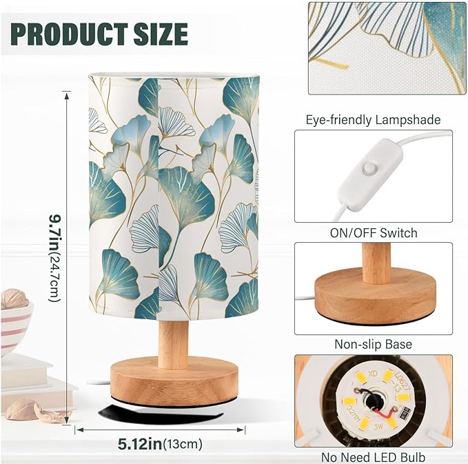 Fustylead Gold Teal Ginkgo Leaves Table Lamp for Bedroom USB Port Lamps Small Accent Table Lamp Nightstand Lamp Study Linen Shade with Wooden Base, Decorative Lamps for Bedside Reading|Kids|Dorm|Home