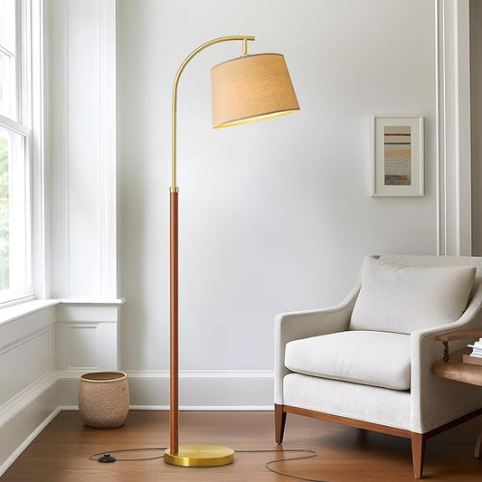 62.5" Wood Floor Lamp for Living Room Gold with Foot Switch Arc Standing Tall Lamps for Bedroom Mid Century Modern Corner Floor Lamps for Office Nursery Industrial Reading Light Room Lamp