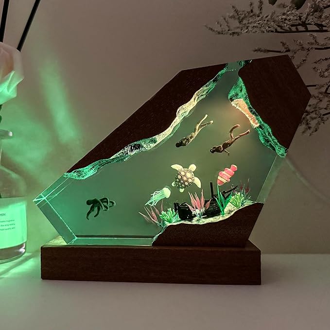 Octopus Ocean Resin Lamp, Handmade Wooden Table Resin Night Light, USB Port Art Ornaments for Home Office Decor, Scuba Diver Gifts for Birthday Holiday, Valentine's Day Gifts for Husband