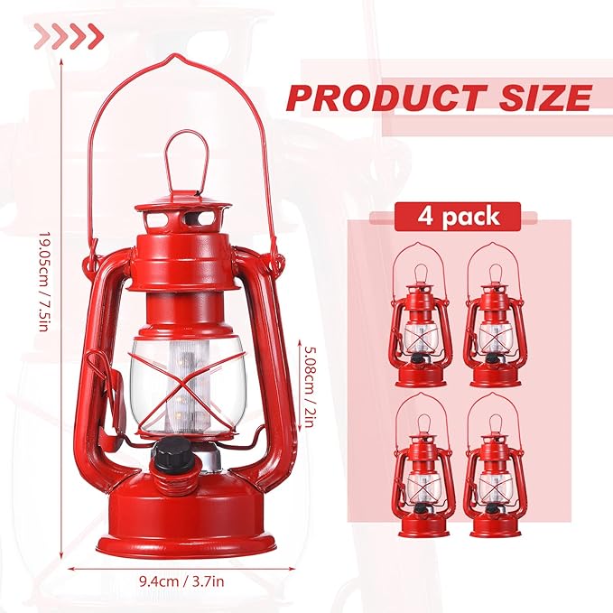 Hortsun 4 Pcs 8 Inch Vintage LED Hurricane Lantern Metal Red Outdoor Battery Operated Hanging Lantern with Warm LEDs and Dimmer Switch for Halloween Christmas Indoor Rustic Farmhouse Camping Decor