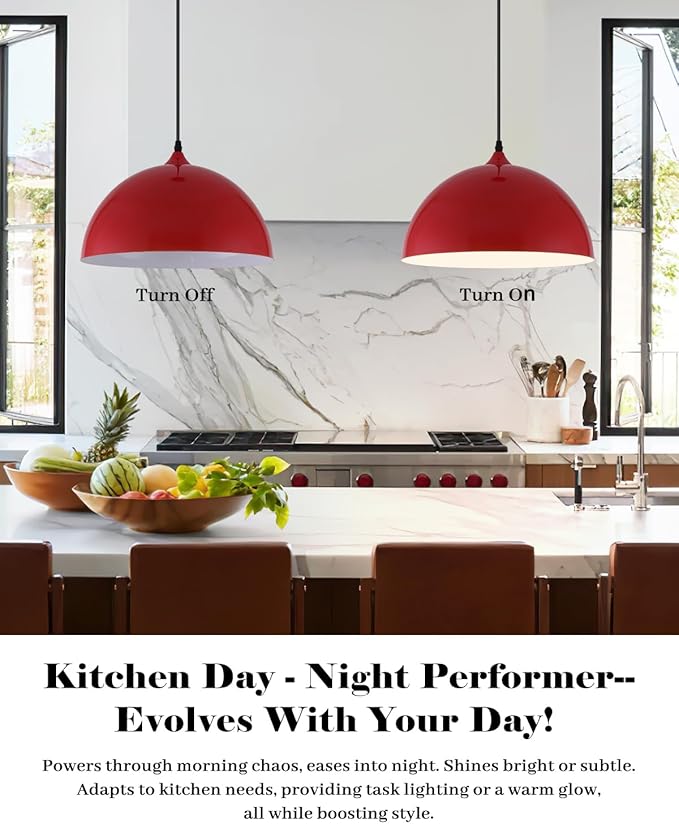 Red Pendant Lights Kitchen Island 2 Pack, 14 Inch Large Dome Pendant Light, Red Farmhouse Pendant Light, Island Pendant Lights for Kitchen, Dining Room, Cafe