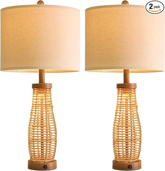 OYEARS 28" Table Lamps Set of 2 with Dual Night Lights, Bedside Lamps for Bedroom, Boho Lamp for Living Room, Rattan Table Lamp with Linen Shade, Farmhouse Lamp with Wood Grain Finish (Bulb Included)