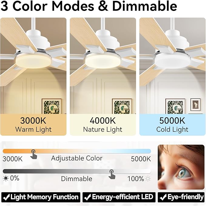 52 Inch Ceiling Fans with Lights,Smart Ceiling Fan with Light and Remote Control,Alexa,APP,White Indoor Outdoor Ceiling Fans for Bedroom,Living Room,Patio,5 Blades,Dimmable LED,6 Speed,Quiet DC Motor