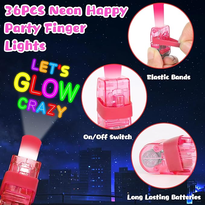 36Pcs Neon Happy Birthday LED Finger Lights Party Favors Glow in the Dark Light Up Finger Lights Neon Themed Toys Bulk for Kids Party Goodie Bag Stuffer Birthday Gifts Classroom Prize
