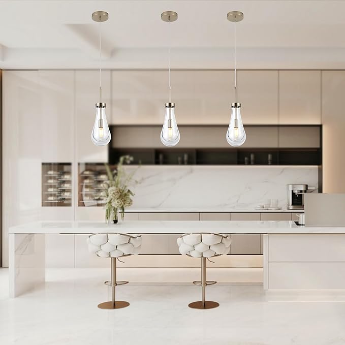 Brushed Nickel Pendant Light Fixtures, Teardrops Pendant Lights,Glass Pendant Lights Kitchen Island,1-Light Raindrop Pendant Lighting, for Kitchen Island,Dining Room,Bedroom, Bathroom