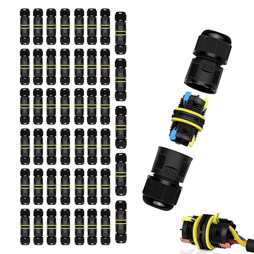 NineLeaf 48PK Waterproof Electrical Cable Connector 3-Pin Push-in Type, IP68 Outdoor M20 Wire Connector 5-12mm, Fast Press-fit Junction Box for Garden and Landscape Lighting Projects