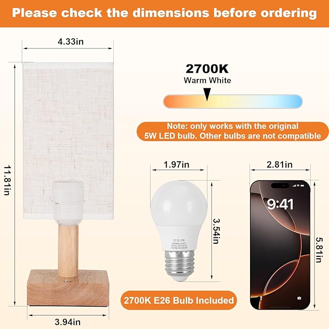 Small Corded Touch Square Table Lamp Set of 2 with Stepless Dimming, Natural Wood Base & Linen Fabric Shade, 5W Ambient Night Light for Bedroom, Bedside, Nightstand, Living Room, Nursery