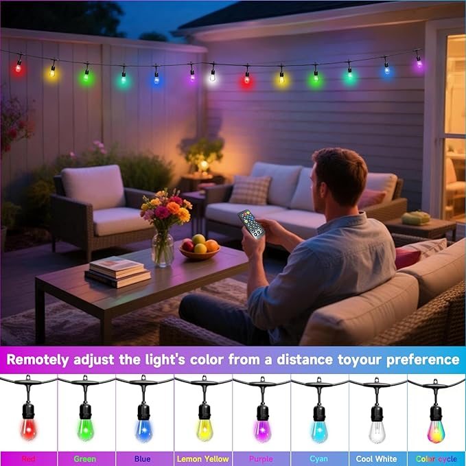 RGB Safety String Lights 100FT - Commercial Grade Low Voltage Strand with 40+2 S14 Shatterproof Bulbs for Tree Garden Yard bistro Cafe | RGB Party Lights & Outdoor Lights | IP65 Waterproof | UL Listed